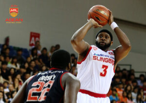 Hassan Adams shoots over Laskar Dreya's Paul Crosby. Adams finished with 21 points in his debut for the Slingers.